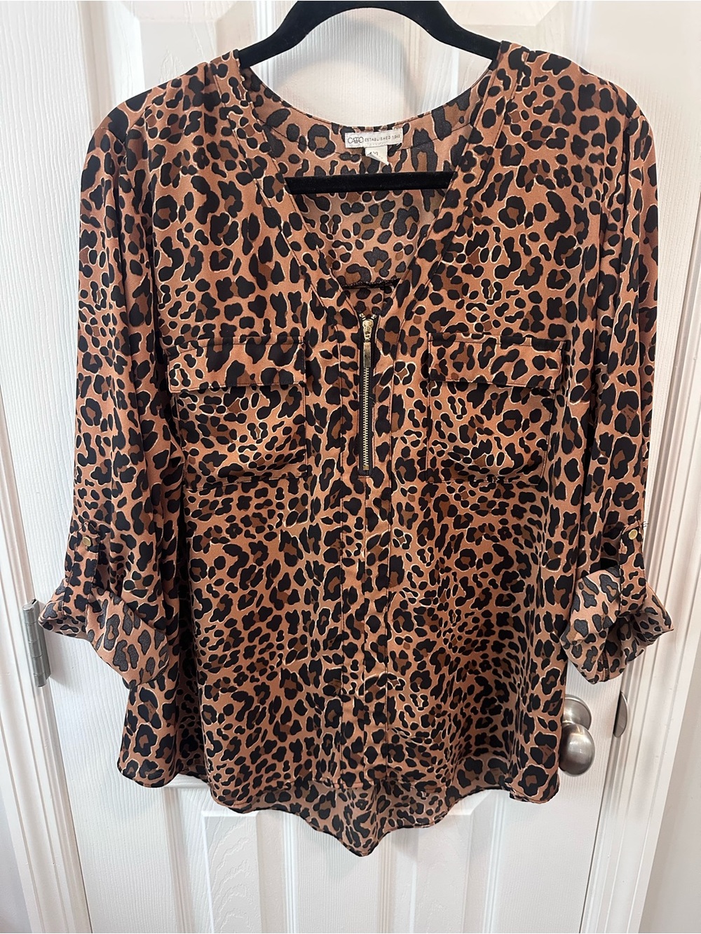 Cato Brown Leopard Print Zip-Front Blouse
